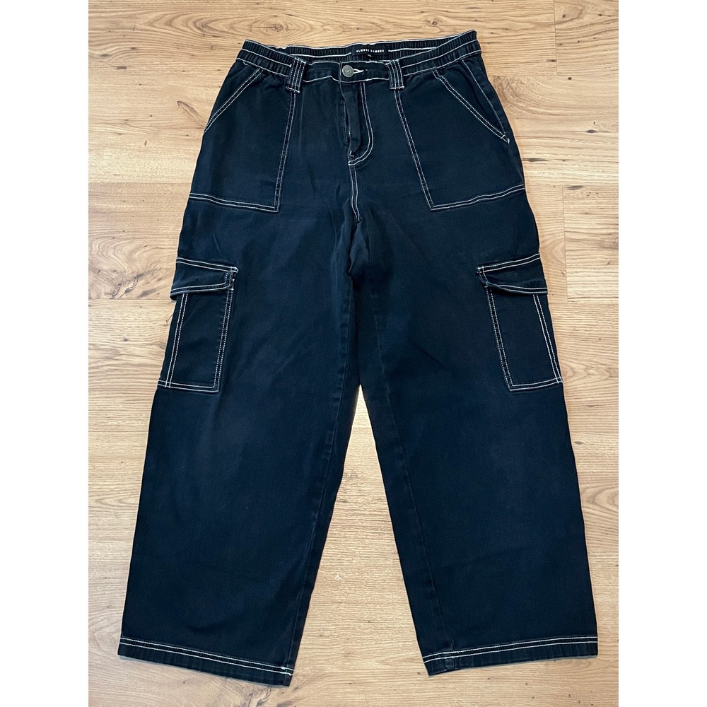 Almost Famous Mens Black Contrast Stitch Cargo Pants XL Wide Leg Streetwear
